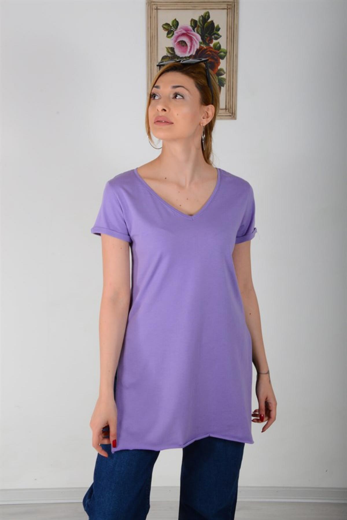 Kadın Nash Mor V Yaka Yanı Yırtmaçlı Alat Tisört